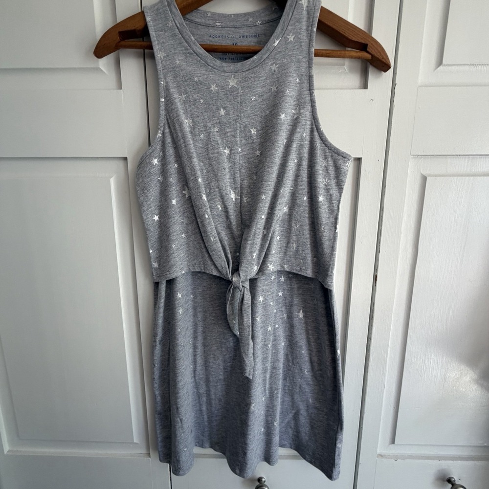 NWT Gray Tie Front Knit Tank Dress Silver Stars Girls 10 Rockets Of Awesome Soft